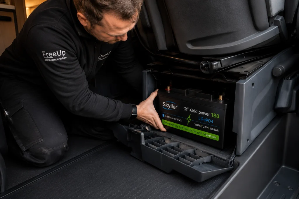 freeup campertechnieken plaatst een batterij onder de stoel