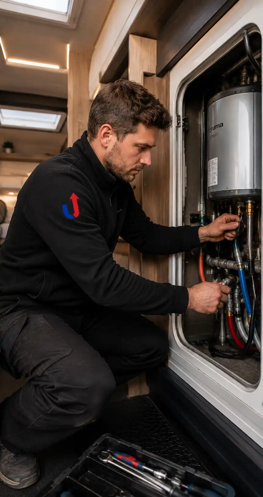 monteur herstelt de boiler