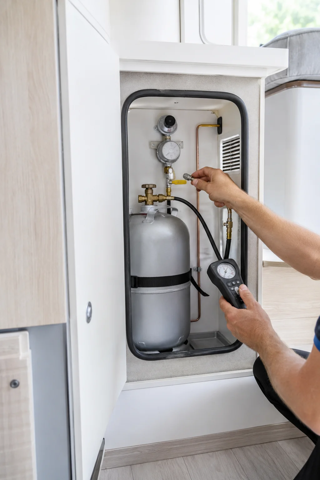 Controle van de gasinstallatie in een camper